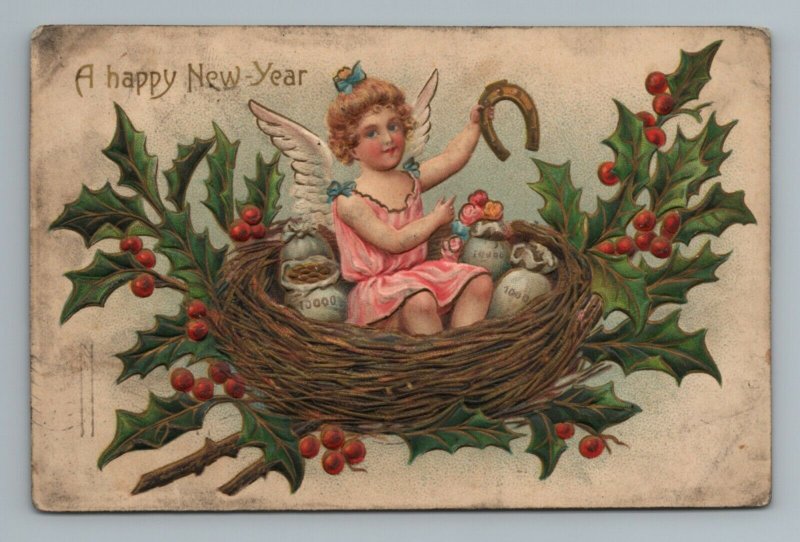 Happy New Year Angel Nest Coins Money Horseshoe Vintage Card 