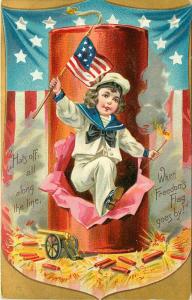 Tuck Embossed Postcard 4th of July Independence Day 109 Boy Waves Flag & Torch