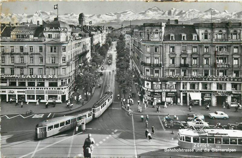 Suisse Switzerland Zurich Bahnhofstrasse und die Glarneralpen hotel stores trams