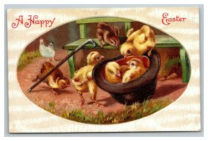 Vintage 1914 Easter Postcard Cute Chicks Play in Derby Hat on Farm Walking Cane