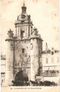 La Rochelle. La Grosse Horloge. Horse carriages in front Old vintage French P