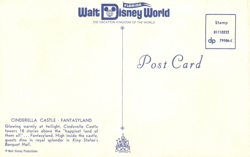 Vintage Postcard View Glowing Warmly at Twilight Cinderella Castle Fantasyland