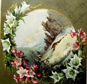 Mica Victorian Christmas Card Mountains Snow Flowers 4 3/4 x 4 3/4 Y3