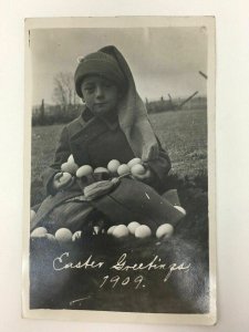 1909 Easter Real Photo Postcard Boy in Field Holding Eggs RPPC AZO