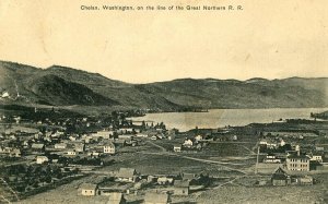 Postcard  Early Bird's Eye View of Great Northern Railroad and Chelan, WA.  S7