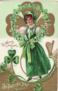ST PATRICK'S DAY   LADY with SHAMROCK WREATH postcard