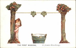 Mabel Lucie Attwell Little Nude Girl Washtub First Washing Vintage Postcard