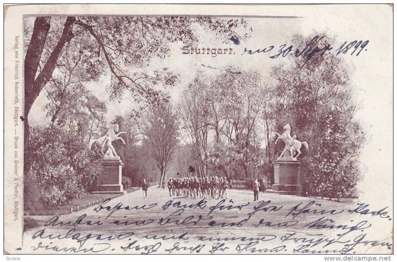 Soldiers marching in park, Stuttgart (Baden-Württemberg), Germany, PU-1899