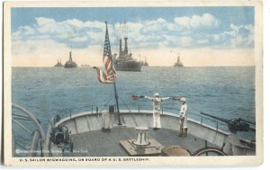 Postcard Military US Sailor Wigwagging on Board US Battleship