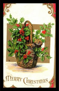 c1910 Merry Christmas Basket of Holly with Berries Embossed Postcard 275 