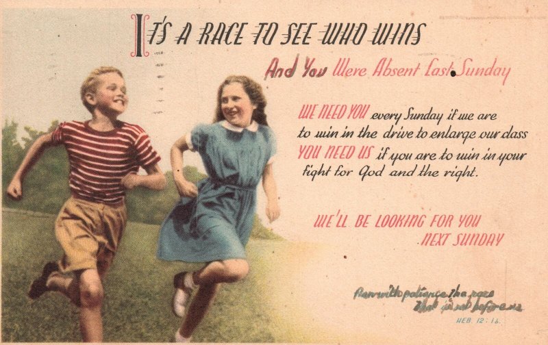 Vintage Postcard 1943 It's A Race To See Who Wins! Children Running Religious