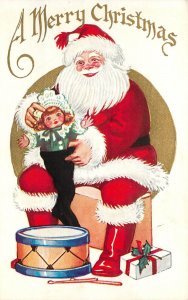 Embossed Merry Christmas Santa Claus Postcard Santa With Doll Stocking Drum 49