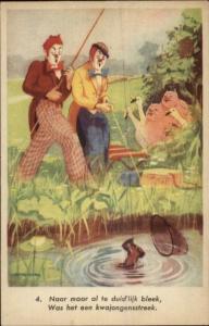 Clowns Fishing Catch a Boot Belgian Comic Postcard