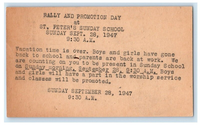 1947 St. Peter's United Evangelical Church Rally Day Sunday School Postcard