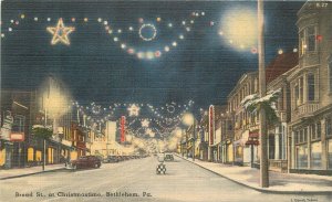 Postcard Pennsylvania Bethlehem Broad Autos Christmastime Night Mebane 23-3254