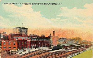 WATERTOWN NY~BIRDS EYE VIEW NYC PASSENGER RAILROAD STATION-TRAIN SHEDS POSTCARD 