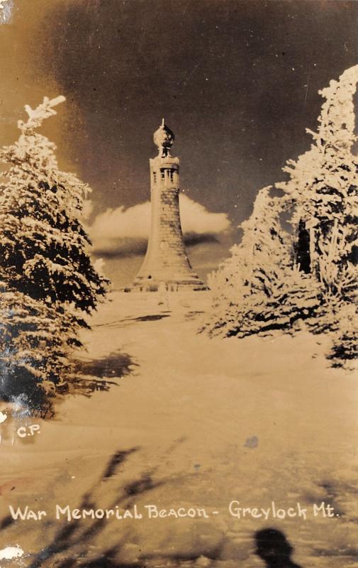 Adams Massachusetts~Mt Greylock War Memorial Beacon in Snow~1930s RPPC 