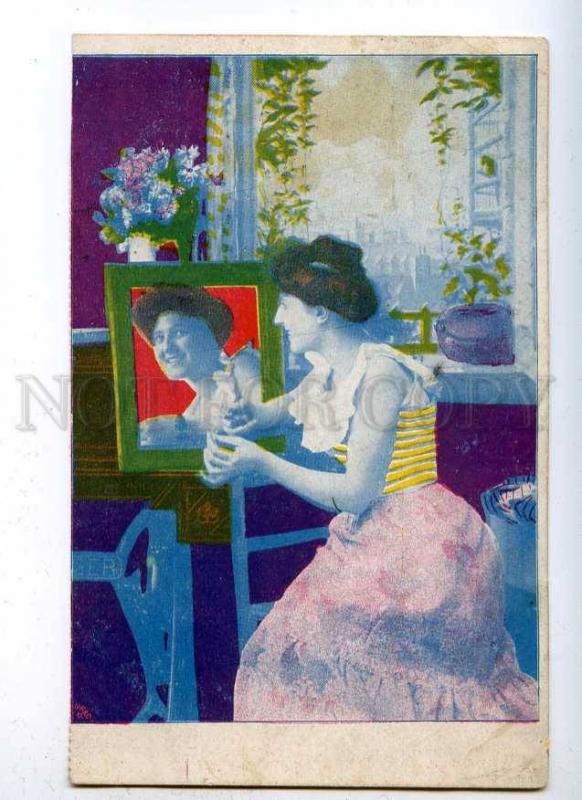 188094 ART NOUVEAU Woman near Mirror Vintage Kleine Witzblatt