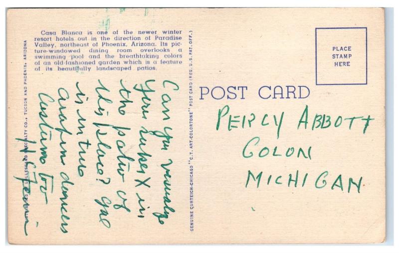 Mid-1900s Hotel Casa Blanca, Northeast of Phoenix, AZ Postcard