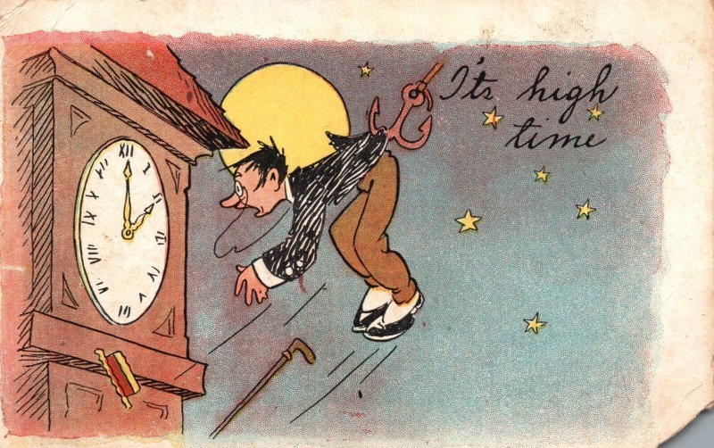 Vintage Postcard 1908 It's High Time Man Tower Clock Moonlight Full Moon Comics