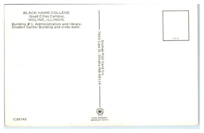 1970s Black Hawk College, Moline, IL Postcard