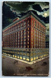 c1910 Davenport Hotel & Restaurant At Night Cars Spokane Washington WA Postcard