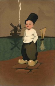 Cute Little Dutch Boy Smoking Pipe WINDMILL NICE ART c1910 Postcard