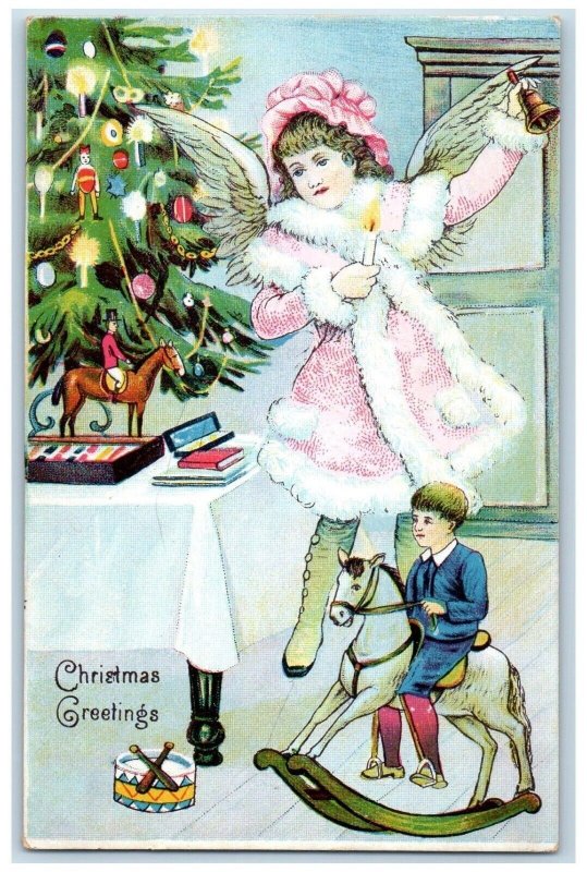 c1910's Christmas Greetings Angel Bell Rocking Horse Christmas Tree Postcard 