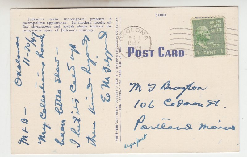 P2052 1947 postcard old car stores etc capitol street scene jackson miss