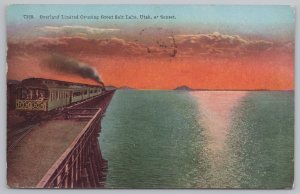 Transportation~Overland Limited @ Great Salt Lake UT At Sunset~Vintage Postcard