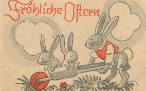 Happy Easter Postcard rabbits wheel barrow surrealism fantasy illustration