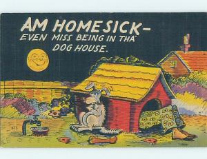 Linen comic DOG FRUSTRATED THAT MAN IS SLEEPING IN HIS DOGHOUSE HL3363