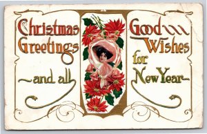 Christmas Greetings~Portrait Of Lady W/ Poinsettias & Bells~Emb~Vintage Postcard
