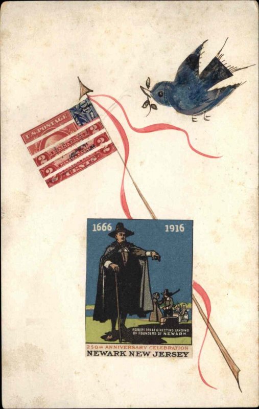 Newark New Jersey NJ Stamp Art Handmade American Flag 250th Anniv c1916 Postcard