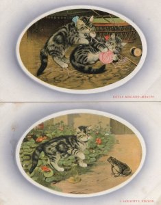 Tabby Cat With Frog Sewing Wool String Kittens 2x Valentines Old Postcard s