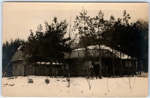 c1910s European Winter Farm House RPPC Father & Son Real Photo Postcard Snow A85