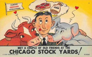 Old Friends Cow Pig at Chicago Stock Yards Illinois 1940s linen postcard