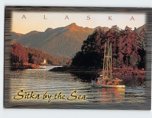 Postcard Fishing Boat Enters Sitka Sound at Sunset Alaska USA