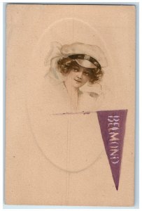 c1910 Short Hair Young Lady On Photograph Pennant Belmond Iowa Antique Postcard