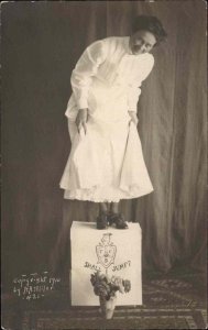 Unusual Studio Image Woman Stands on Box Knights of Pythias Emblem RPPC