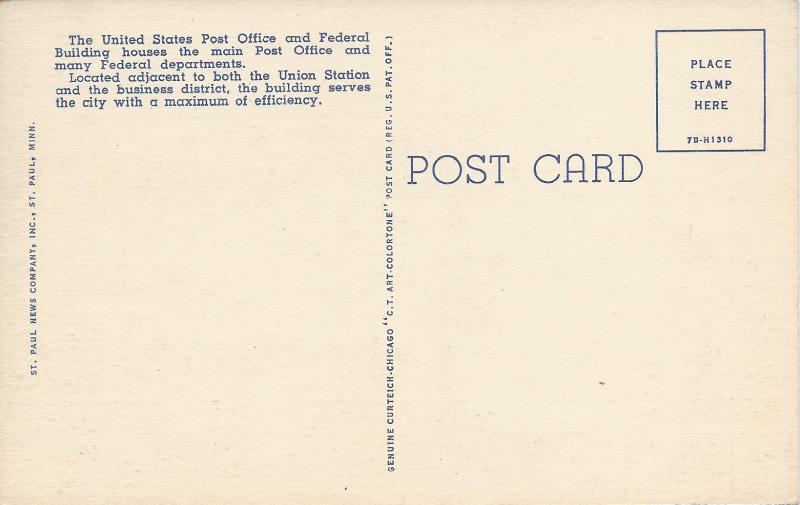 U.S. Post Office & Custom House, St. Paul, Minnesota, Linen Postcard, Unused