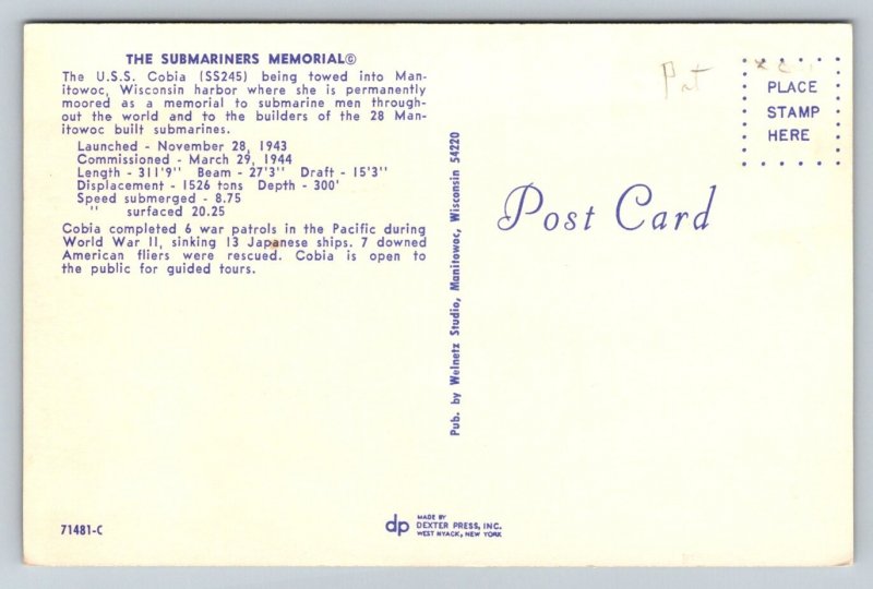 US Navy  The Submariners Memorial  USS Cobia  SS245    Postcard