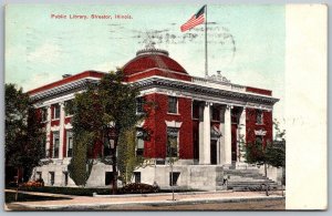 Streator Illinois 1907 Postcard Public Library Flag