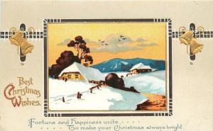 c1910 IAPC Embossed Christmas Postcard Ser.1578; Vignette w/ Bells Snowy Sunset