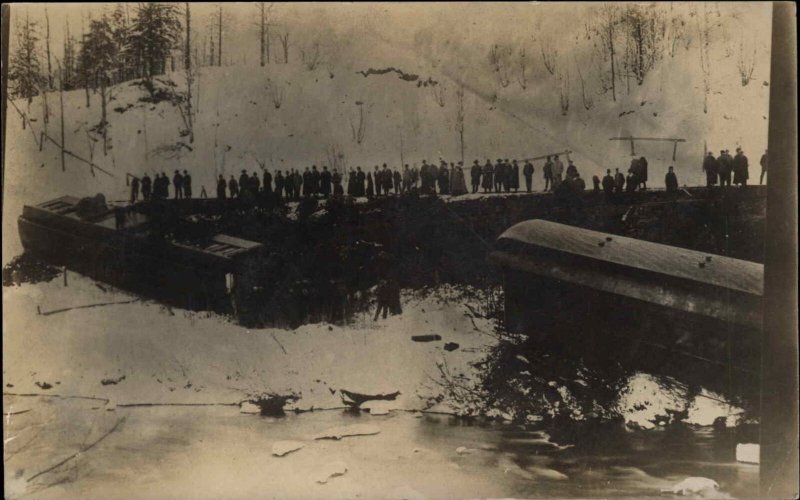 Unidentified Train Wreck Men Stand on Wreckage c1910 Real Photo Postcard