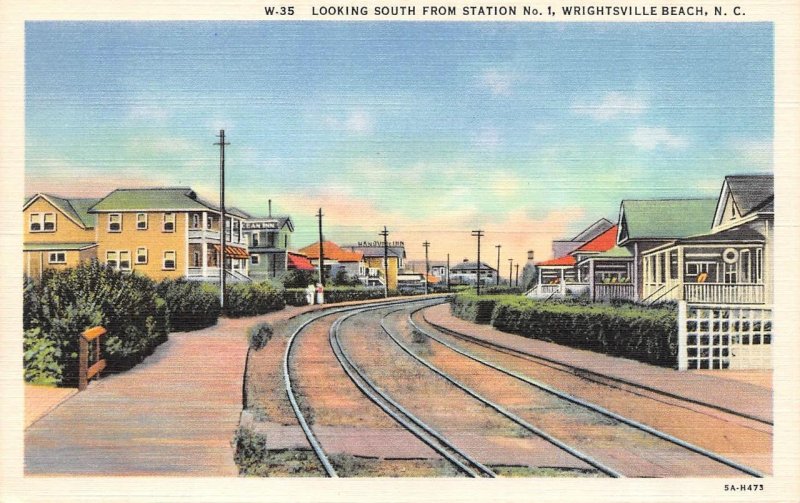 NC North Carolina WRIGHTSVILLE BEACH Station #1 View HOMES~TRAIN TRACKS Postcard