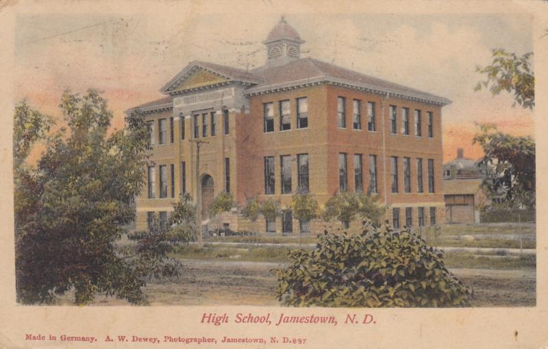 JAMESTOWN ND 1907 USED POSTCARD RARE VIEW HIGH SCHOOL DEWEY PHOTOGRAPHER 