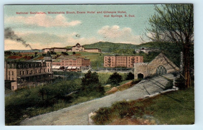 HOT SPRINGS, SD South Dakota SANITARIUM, Evans Block & HOTELS ~1908 Postcard