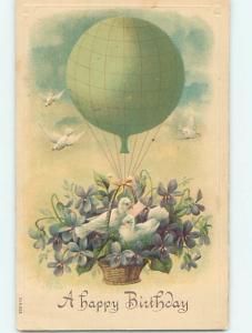 Pre-Linen BIRDS RIDE IN HOT AIR BALLOON BASKET WITH FLOWERS HJ4516