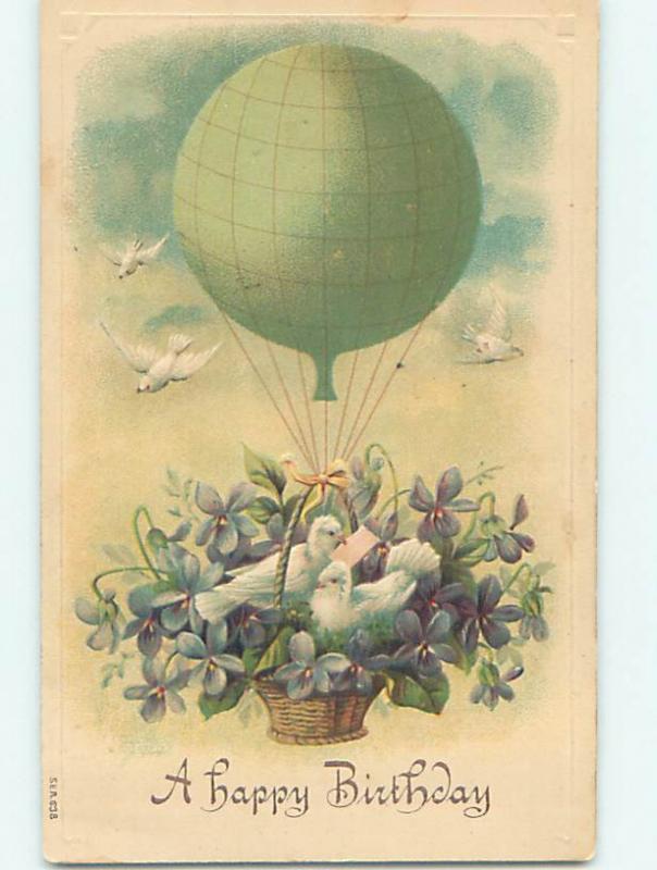 Pre-Linen BIRDS RIDE IN HOT AIR BALLOON BASKET WITH FLOWERS HJ4516